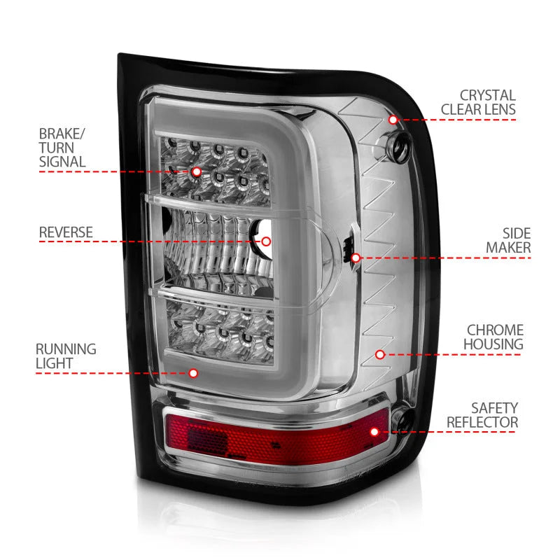 ANZO 2001-2011 Ford  Ranger LED Tail Lights w/ Light Bar Chrome Housing Clear Lens - Back View