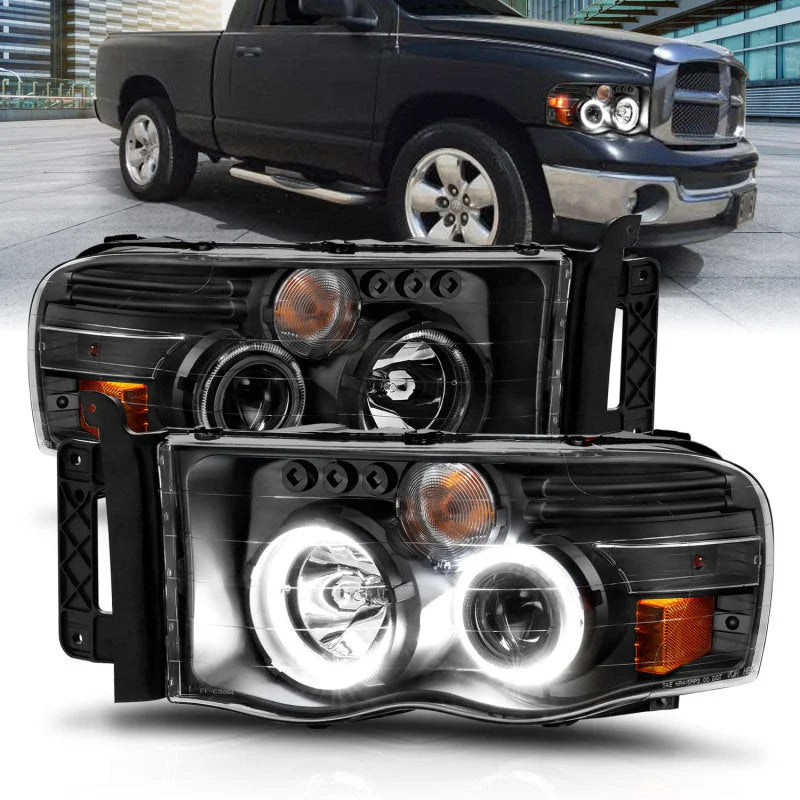 ANZO 2002-2005 Dodge Ram 1500 Projector Headlights w/ Halo Black Clear Amber - Main Product View