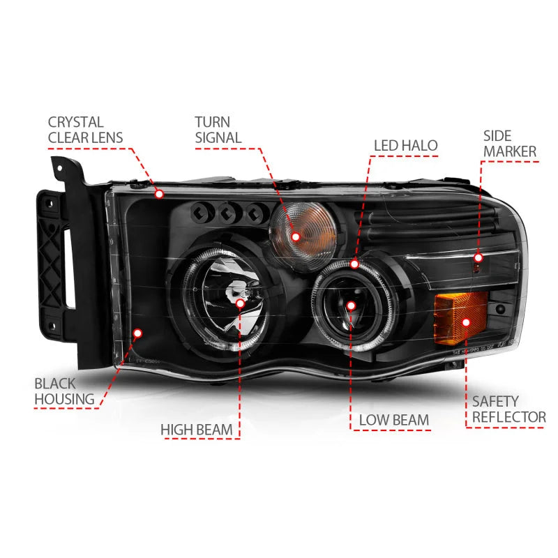 ANZO 2002-2005 Dodge Ram 1500 Projector Headlights w/ Halo Black Clear Amber - Additional View 6