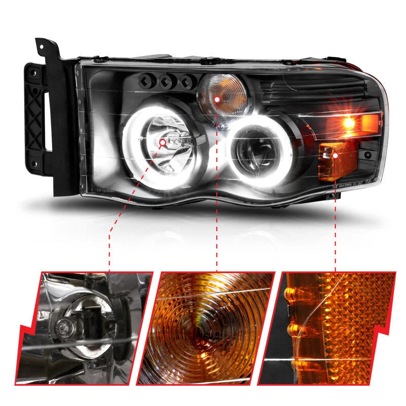 ANZO 2002-2005 Dodge Ram 1500 Projector Headlights w/ Halo Black Clear Amber - Additional View 7