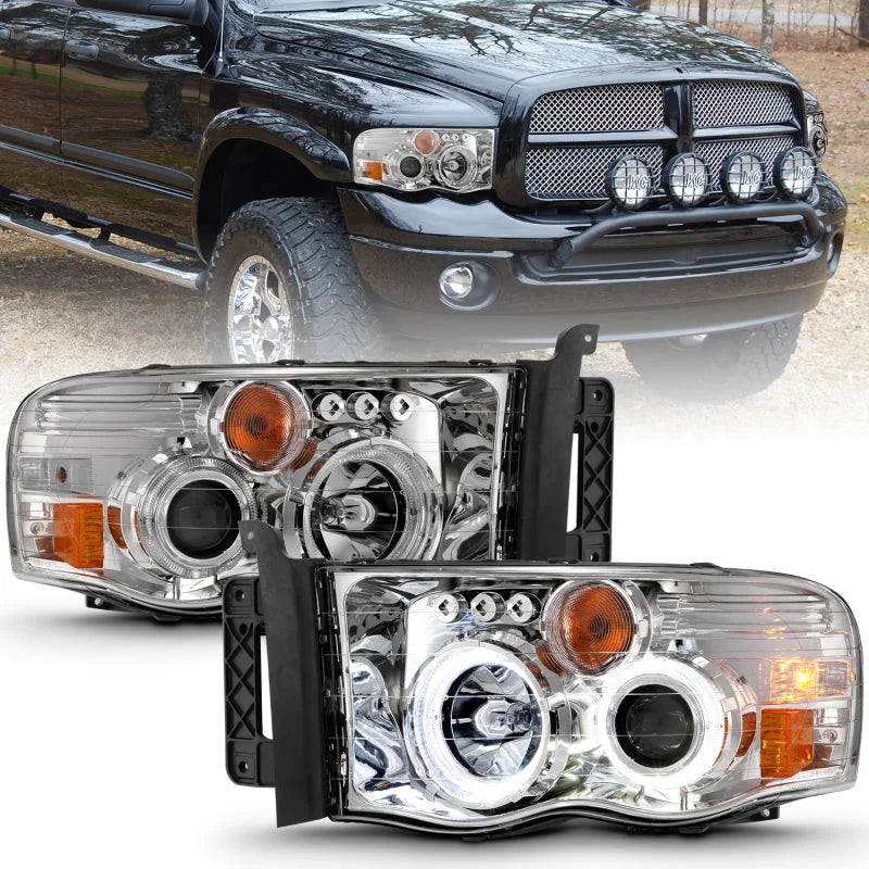 ANZO 2002-2005 Dodge Ram 1500 Projector Headlights w/ Halo Chrome Clear Amber - Main Product View