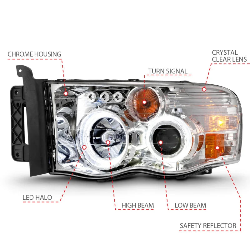 ANZO 2002-2005 Dodge Ram 1500 Projector Headlights w/ Halo Chrome Clear Amber - Back View