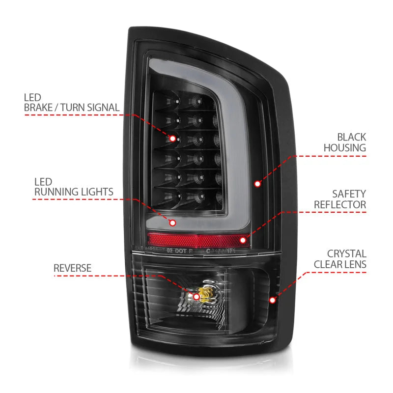 ANZO 2002-2006 Dodge  Ram 1500 LED Tail Lights w/ Light Bar Black Housing Clear Lens - Back View