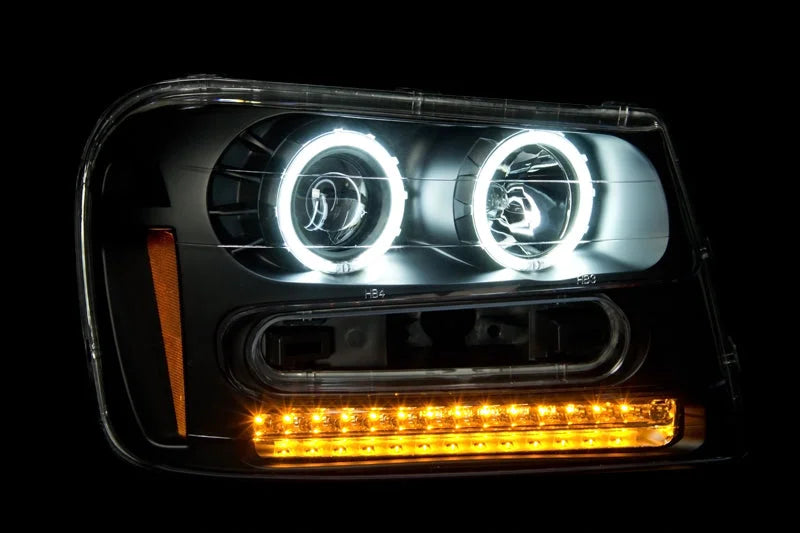 ANZO 2002-2009 Chevrolet Trailblazer Projector Headlights w/ Halo Black - Back View