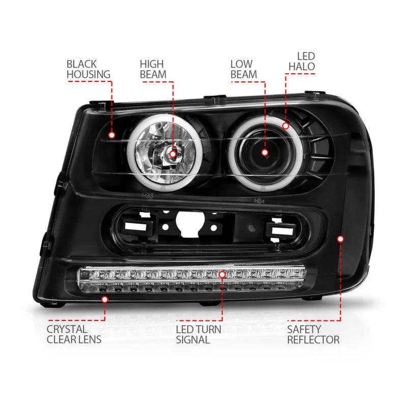 ANZO 2002-2009 Chevrolet Trailblazer Projector Headlights w/ Halo Black - Additional View 6