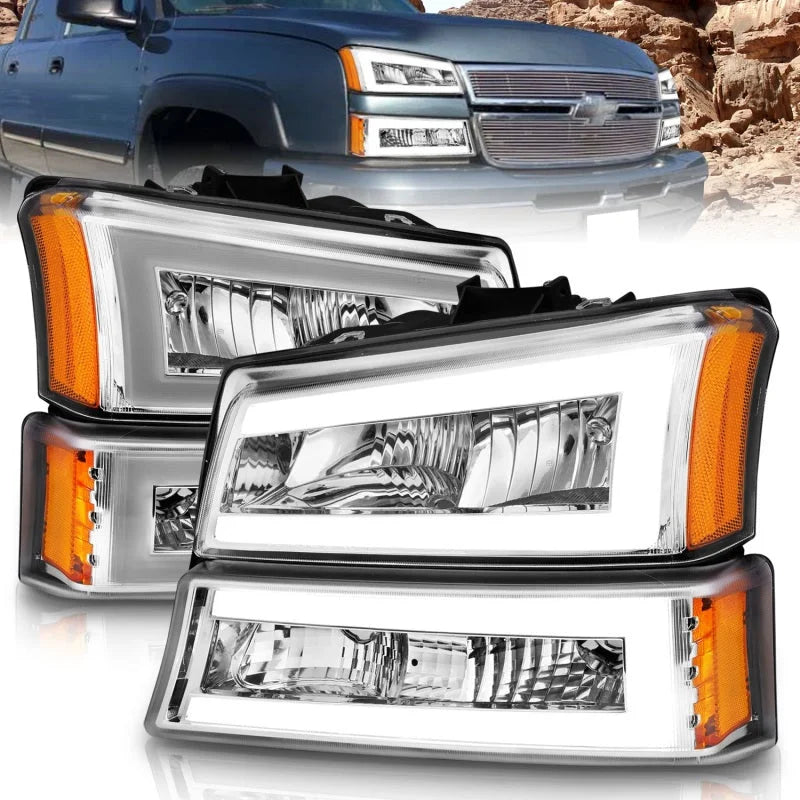 ANZO 2003-2006 Chevrolet Silverado 1500 Crystal Headlights w/ Light Bar Chrome Housing - Main Product View