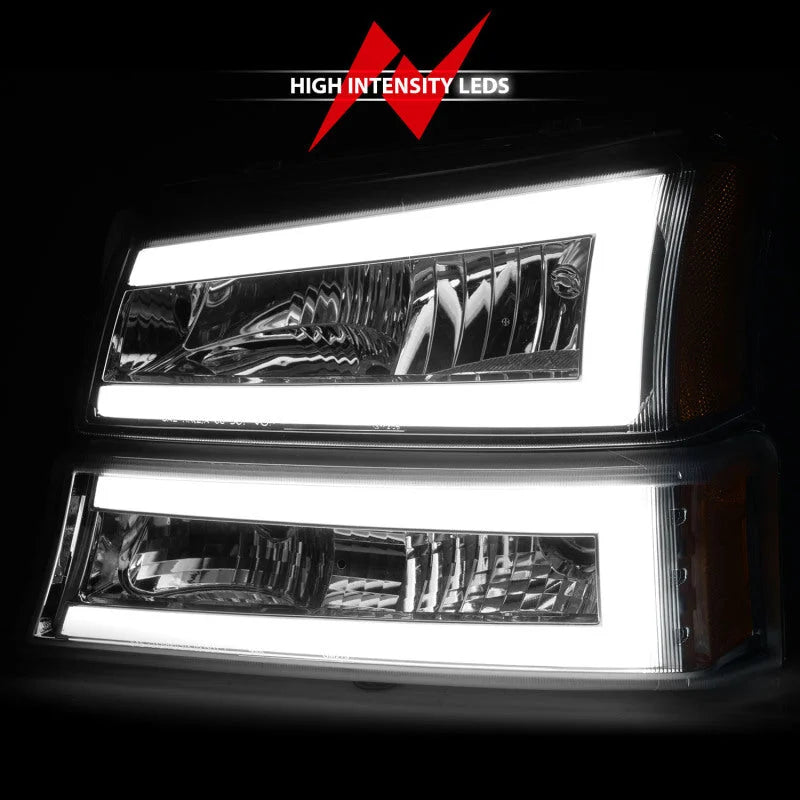 ANZO 2003-2006 Chevrolet Silverado 1500 Crystal Headlights w/ Light Bar Chrome Housing - Side View