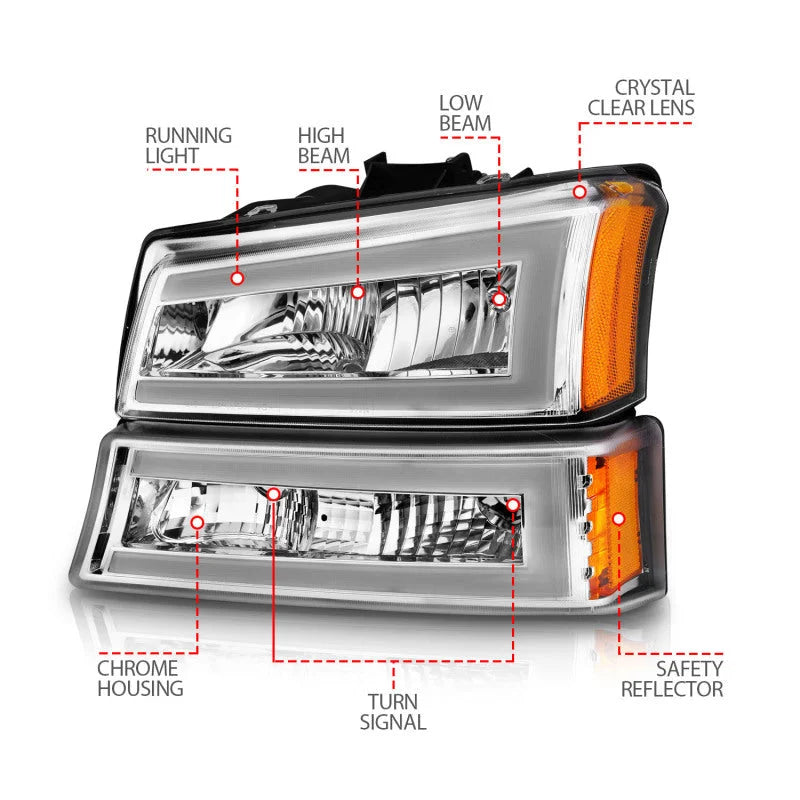 ANZO 2003-2006 Chevrolet Silverado 1500 Crystal Headlights w/ Light Bar Chrome Housing - Back View