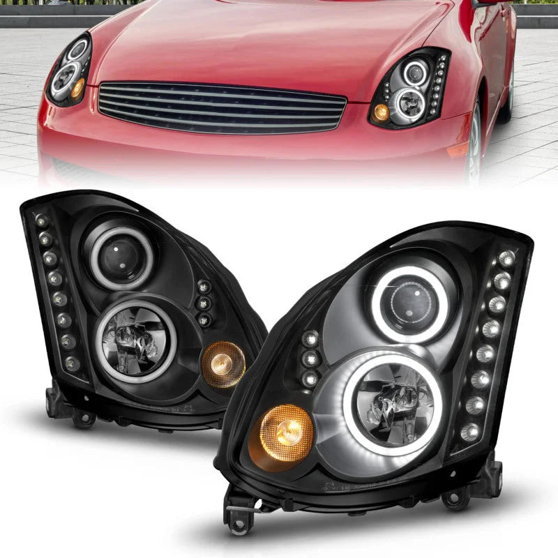 ANZO 2003-2007 Infiniti G35 Projector Headlights w/ Halo Black (CCFL) (HID Compatible) - Back View