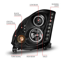 Load image into Gallery viewer, ANZO 2003-2007 Infiniti G35 Projector Headlights w/ Halo Black (CCFL) (HID Compatible) - Installation View