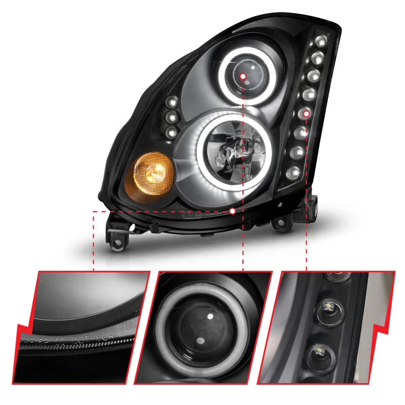 ANZO 2003-2007 Infiniti G35 Projector Headlights w/ Halo Black (CCFL) (HID Compatible) - Additional View 6