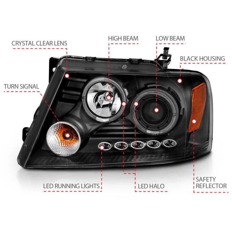 ANZO 2004-2008 Ford F-150 Projector Headlights w/ Halo and LED Black G2 - Additional View 5