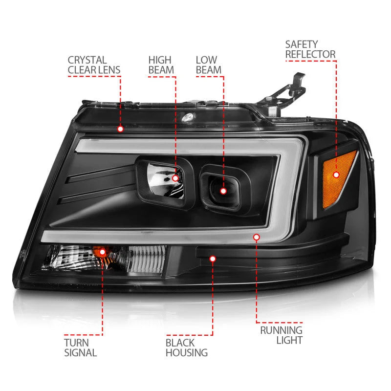 ANZO 2004-2008 Ford  F-150 Projector Headlights w/ Light Bar Black Housing - Installation View
