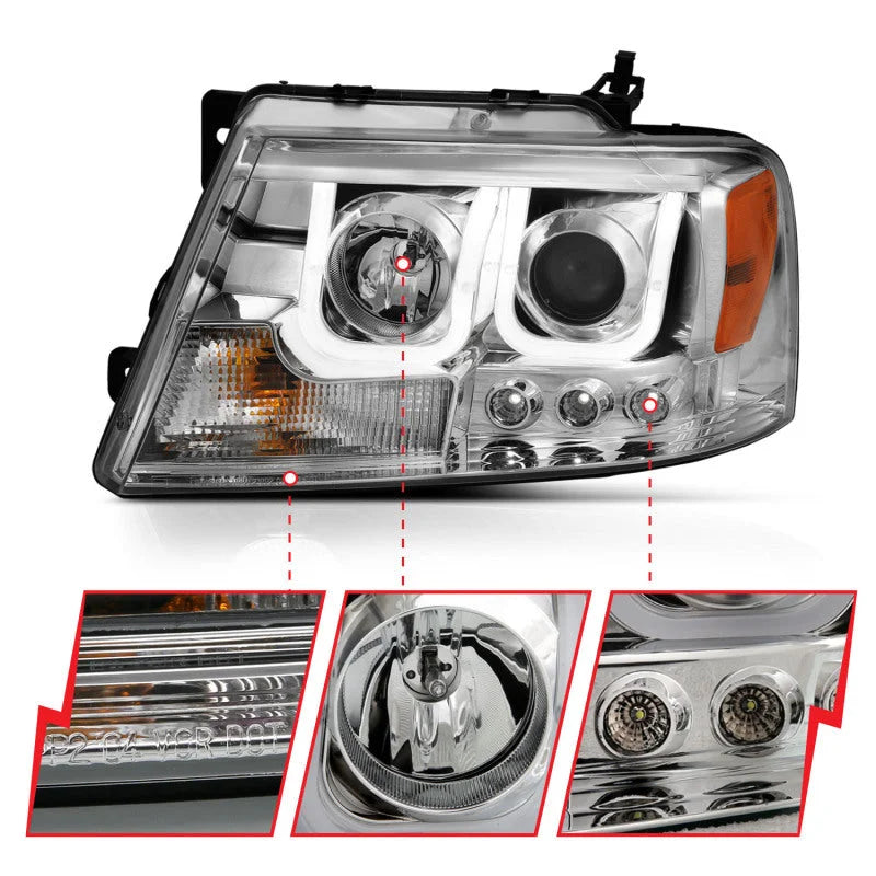 ANZO 2004-2008 Ford F-150 Projector Headlights w/ U-Bar Chrome - Back View