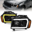 Load image into Gallery viewer, ANZO 2005-2007 Jeep Grand Cherokee Projector Headlights w/ Light Bar Switchback Black Housing - Main Product View