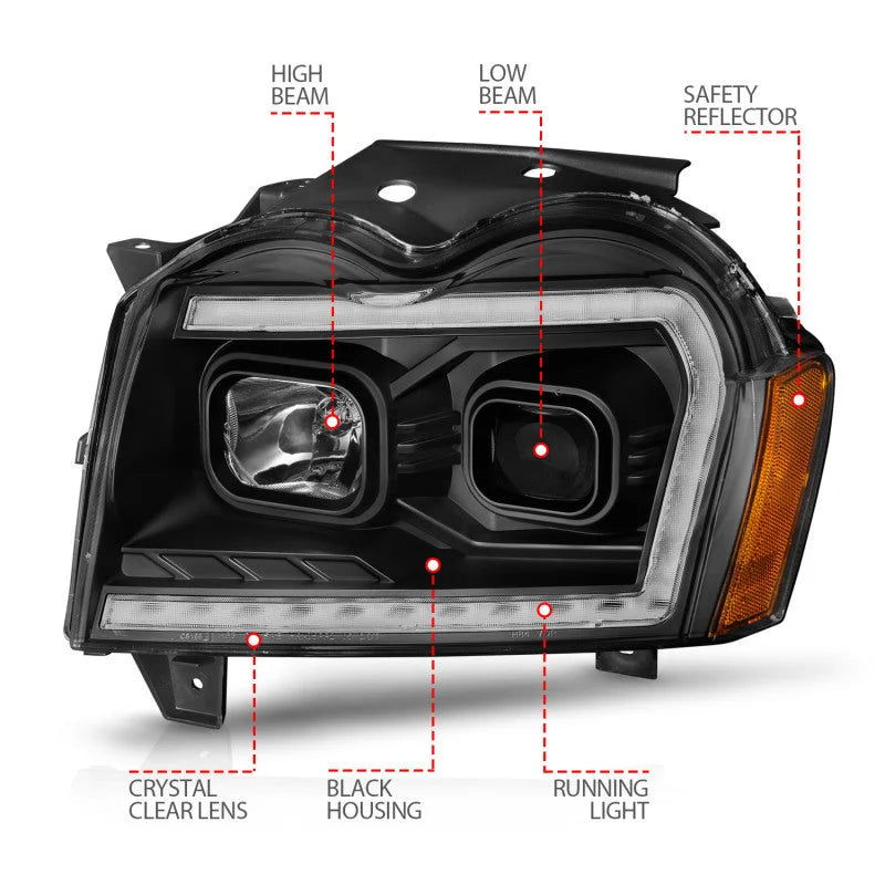 ANZO 2005-2007 Jeep Grand Cherokee Projector Headlights w/ Light Bar Switchback Black Housing - Side View