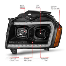 Load image into Gallery viewer, ANZO 2005-2007 Jeep Grand Cherokee Projector Headlights w/ Light Bar Switchback Black Housing - Side View