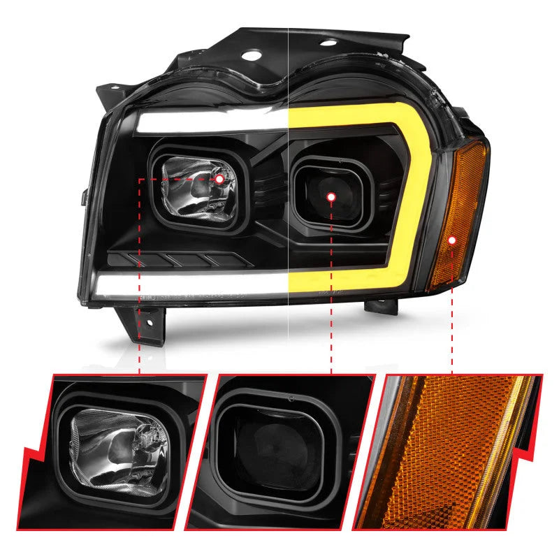 ANZO 2005-2007 Jeep Grand Cherokee Projector Headlights w/ Light Bar Switchback Black Housing - Back View