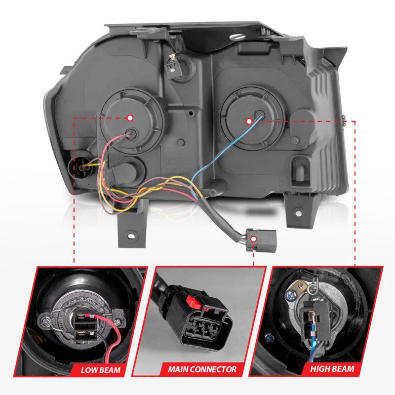 ANZO 2005-2007 Jeep Grand Cherokee Projector Headlights w/ Light Bar Switchback Black Housing - Additional View 6