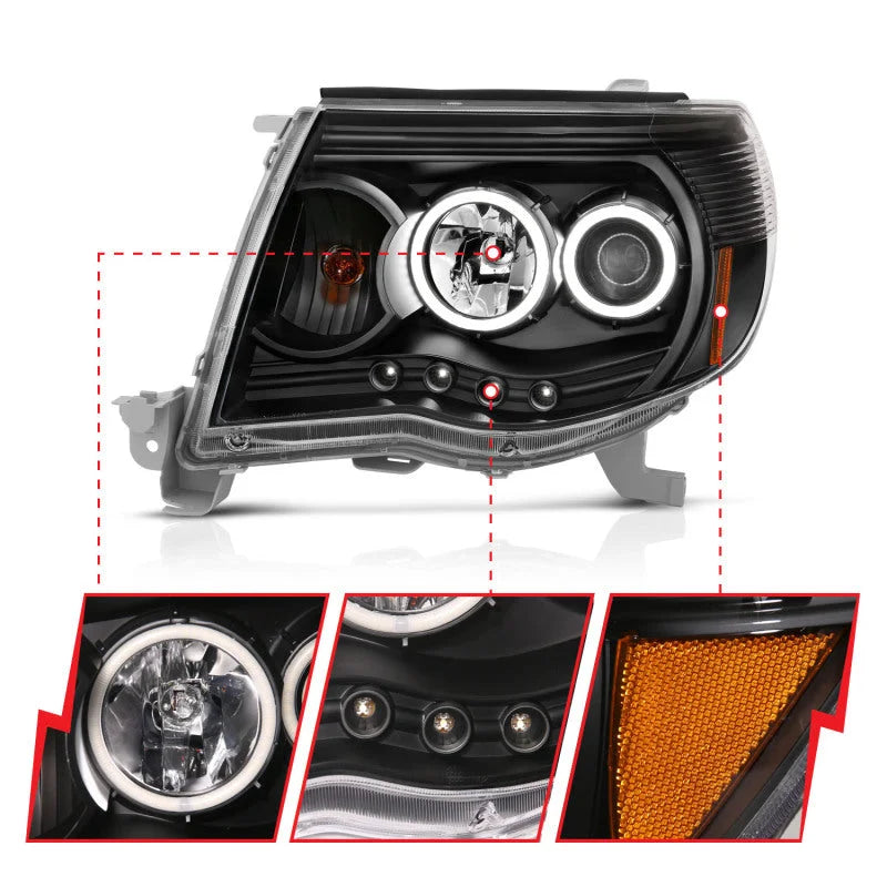 ANZO 2005-2011 Toyota Tacoma Projector Headlights w/ Halo Black - Installation View