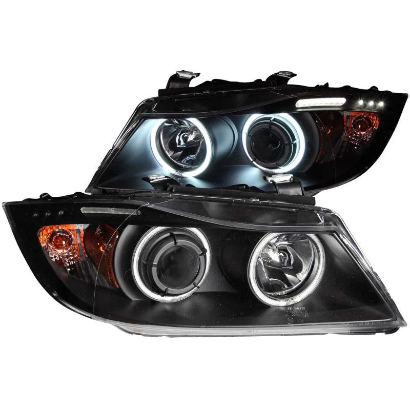 ANZO 2006-2008 BMW 3 Series E90-E91 Projector Headlights w/ Halo w/ LED Bar Black (CCFL) - Main Product View