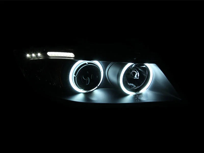 ANZO 2006-2008 BMW 3 Series E90-E91 Projector Headlights w/ Halo w/ LED Bar Black (CCFL) - Side View