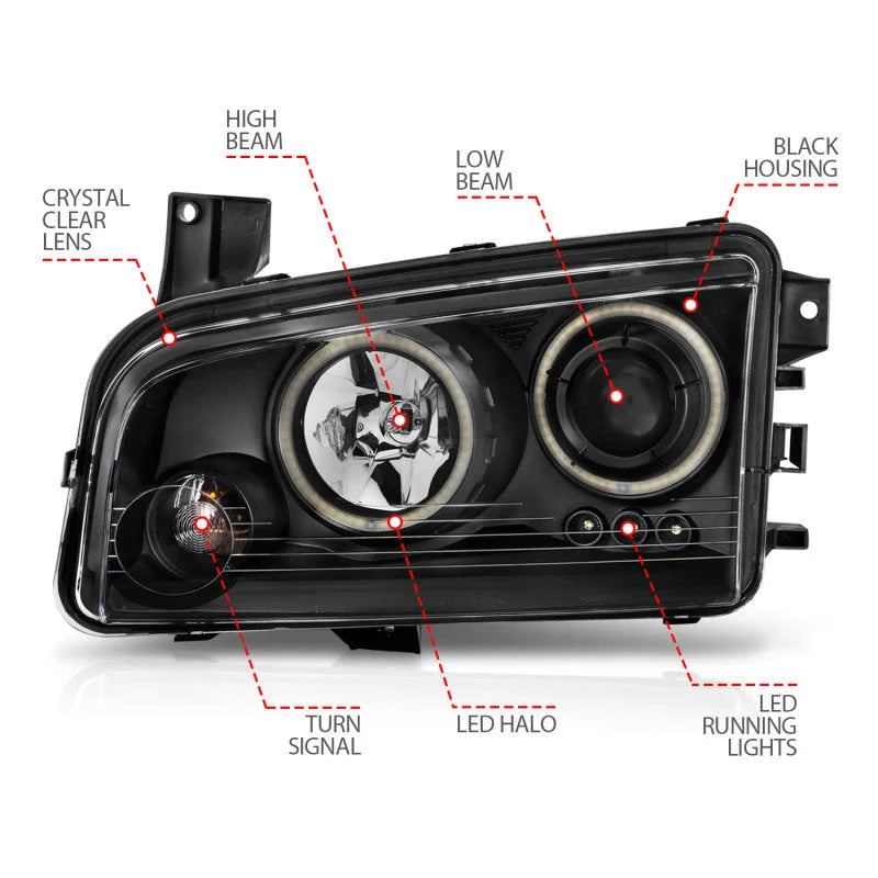 ANZO 2006-2010 Dodge Charger Projector Headlights w/ Halo Chrome (CCFL) - Installation View