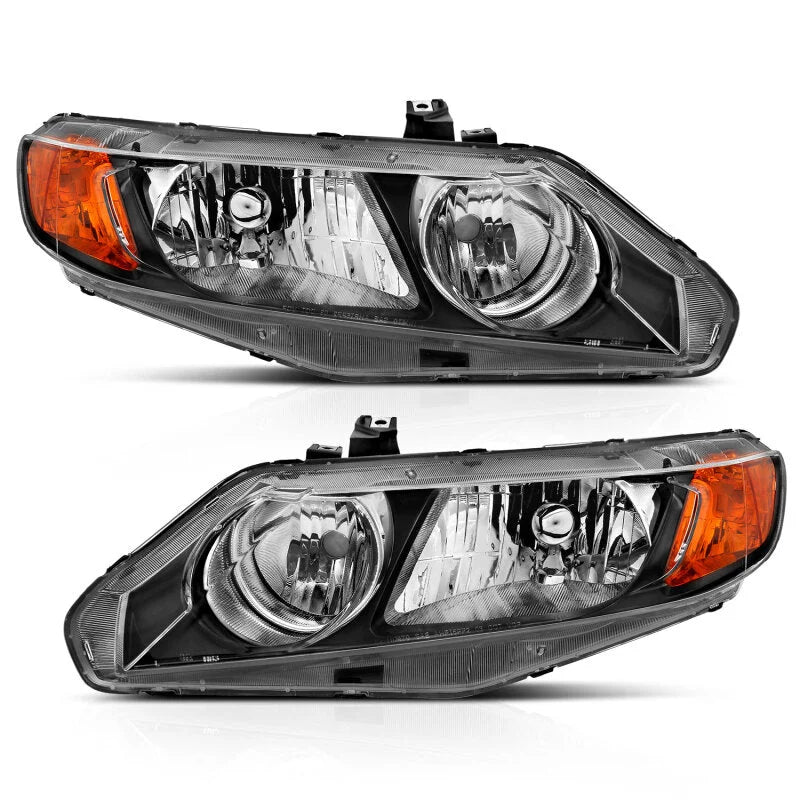 ANZO 2006-2011 Honda Civic 4 Door Crystal Headlight Black Amber (OE Replacement) - Side View