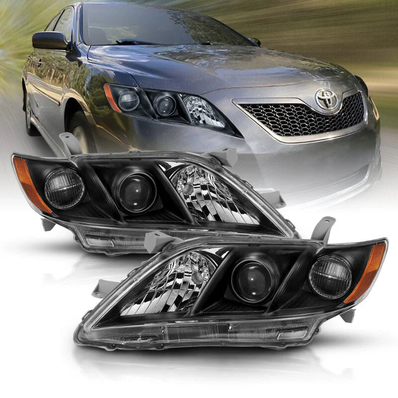 ANZO 2007-2009 Toyota Camry Projector Headlight Black Amber - Back View