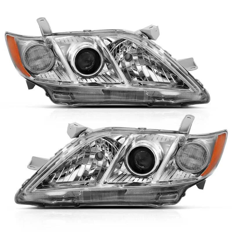 ANZO 2007-2009 Toyota Camry Projector Headlight Chrome Amber (OE Replacement) - Side View