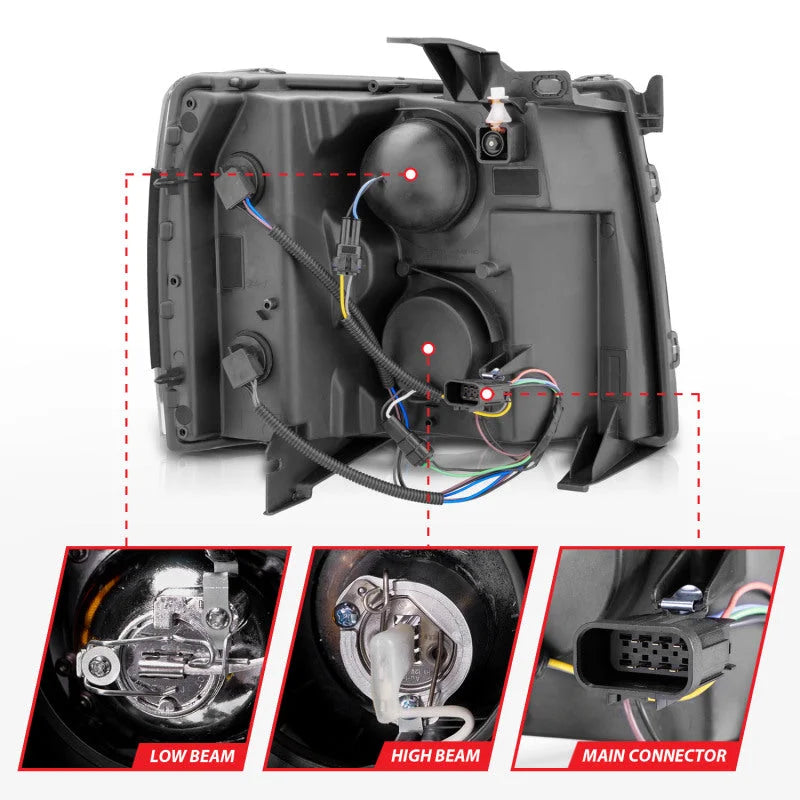 ANZO 2007-2013 Chevrolet Silverado 1500 Projector Headlights w/ Halo Black - Back View