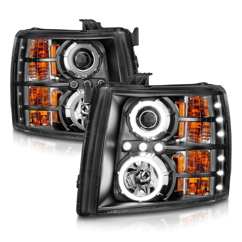 ANZO 2007-2013 Chevrolet Silverado 1500 Projector Headlights w/ Halo Black - Installation View