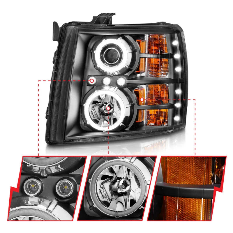 ANZO 2007-2013 Chevrolet Silverado 1500 Projector Headlights w/ Halo Black - Additional View 5