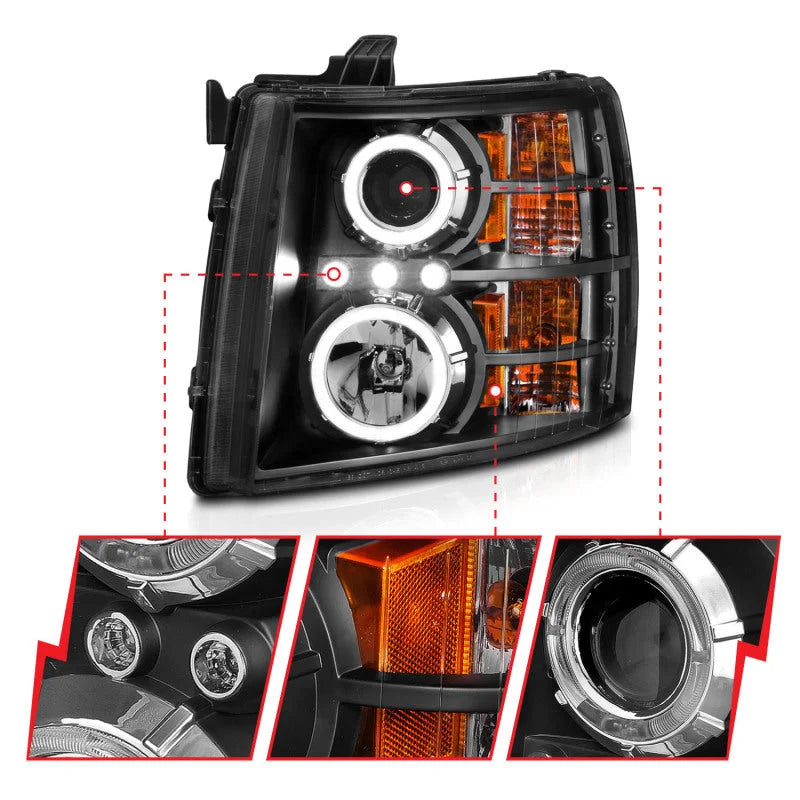 ANZO 2007-2013 Chevrolet Silverado 1500 Projector Headlights w/ Halo Black - Additional View 6