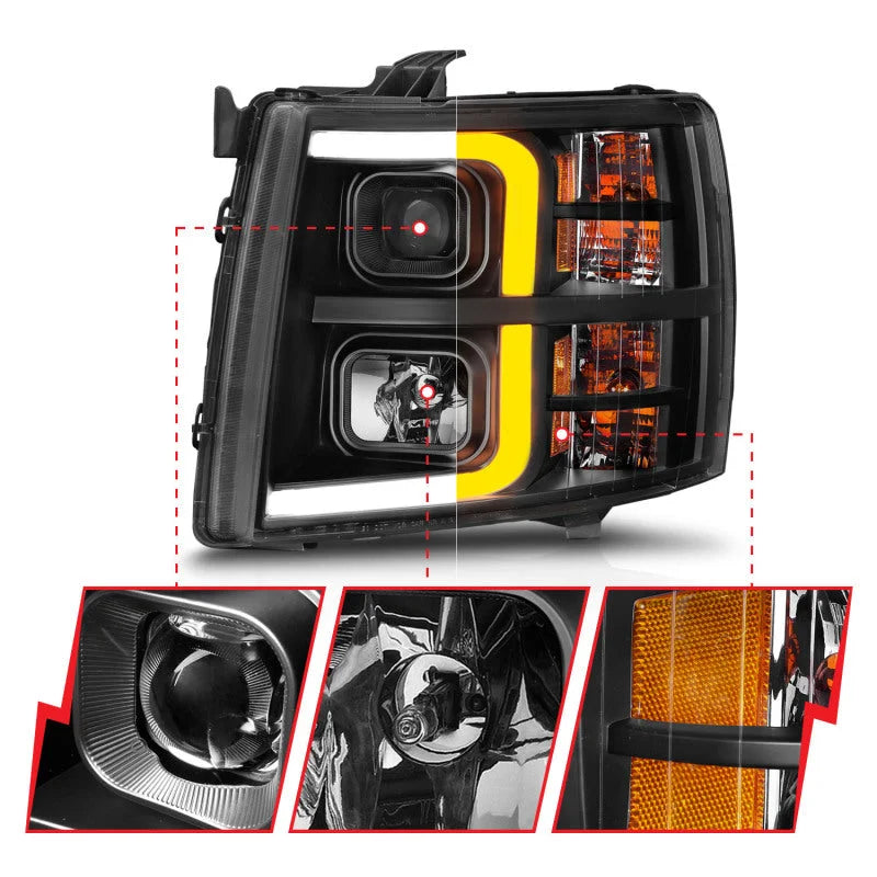 ANZO 2007-2013 Chevrolet Silverado 1500 Projector w/ Light Bar Black Housing w/ Sequential - Side View