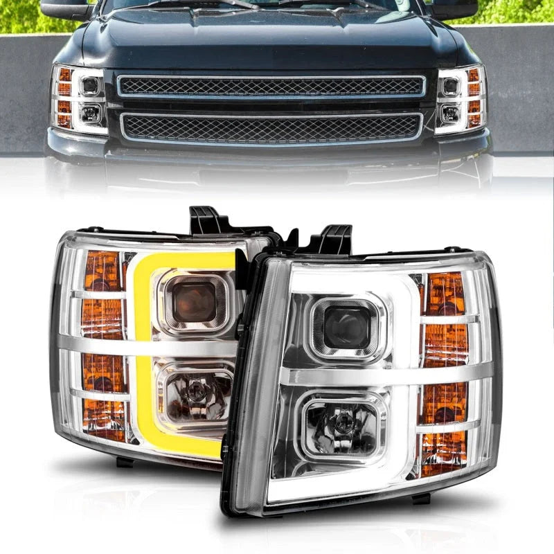 ANZO 2007-2013 Chevrolet Silverado 1500 Projector w/ Light Bar Chrome Housing w/ Sequential - Main Product View