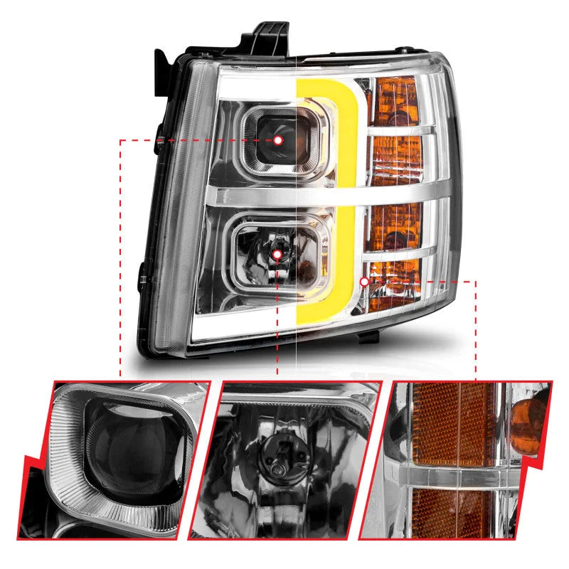 ANZO 2007-2013 Chevrolet Silverado 1500 Projector w/ Light Bar Chrome Housing w/ Sequential - Side View