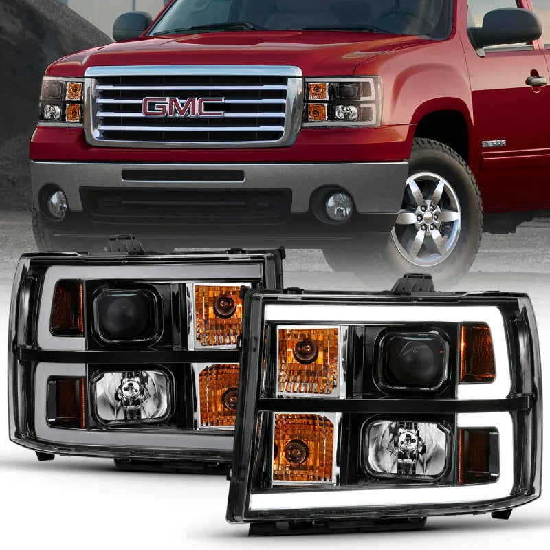 ANZO 2007-2013 Gmc Sierra 1500 Projector Headlight Plank Style Black w/ Clear Lens Amber - Main Product View
