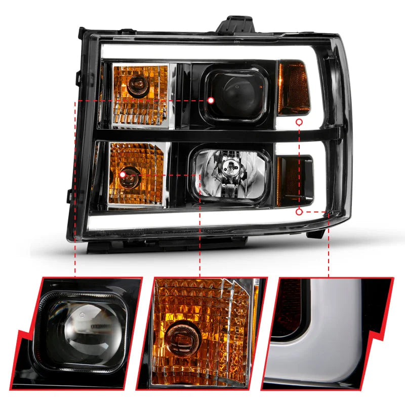 ANZO 2007-2013 Gmc Sierra 1500 Projector Headlight Plank Style Black w/ Clear Lens Amber - Back View
