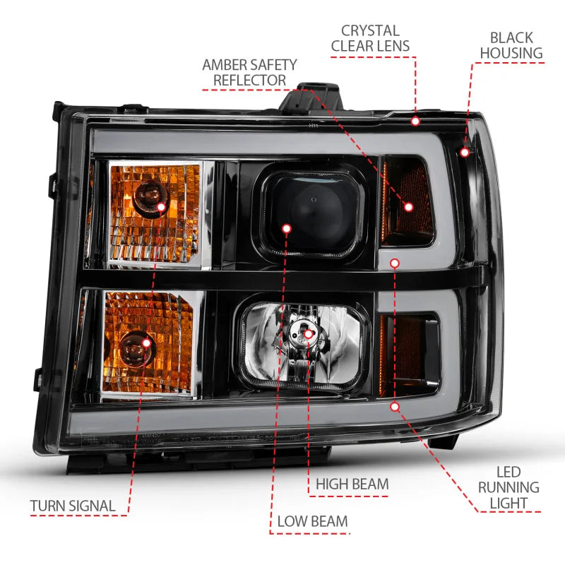 ANZO 2007-2013 Gmc Sierra 1500 Projector Headlight Plank Style Black w/ Clear Lens Amber - Installation View