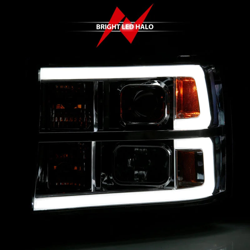 ANZO 2007-2013 Gmc Sierra 1500 Projector Headlight Plank Style Chrome w/ Clear Lens Amber - Back View