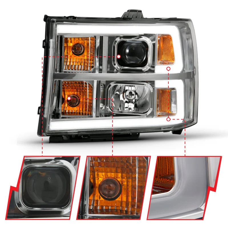 ANZO 2007-2013 Gmc Sierra 1500 Projector Headlight Plank Style Chrome w/ Clear Lens Amber - Installation View