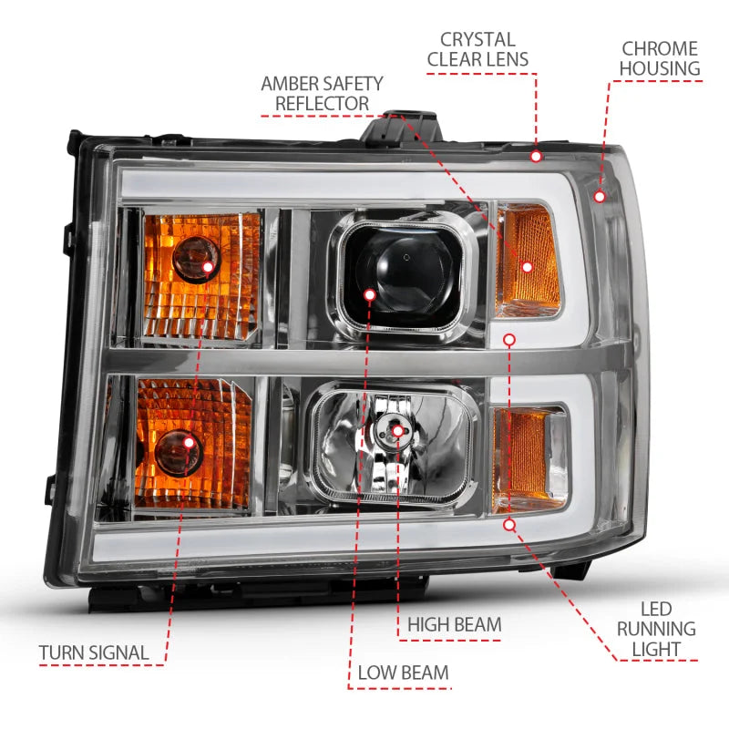 ANZO 2007-2013 Gmc Sierra 1500 Projector Headlight Plank Style Chrome w/ Clear Lens Amber - Additional View 6