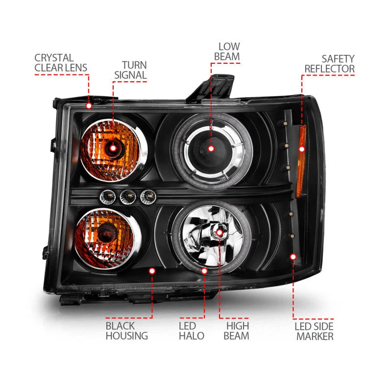 ANZO 2007-2013 Gmc Sierra 1500 Projector Headlights w/ Halo Black - Additional View 6