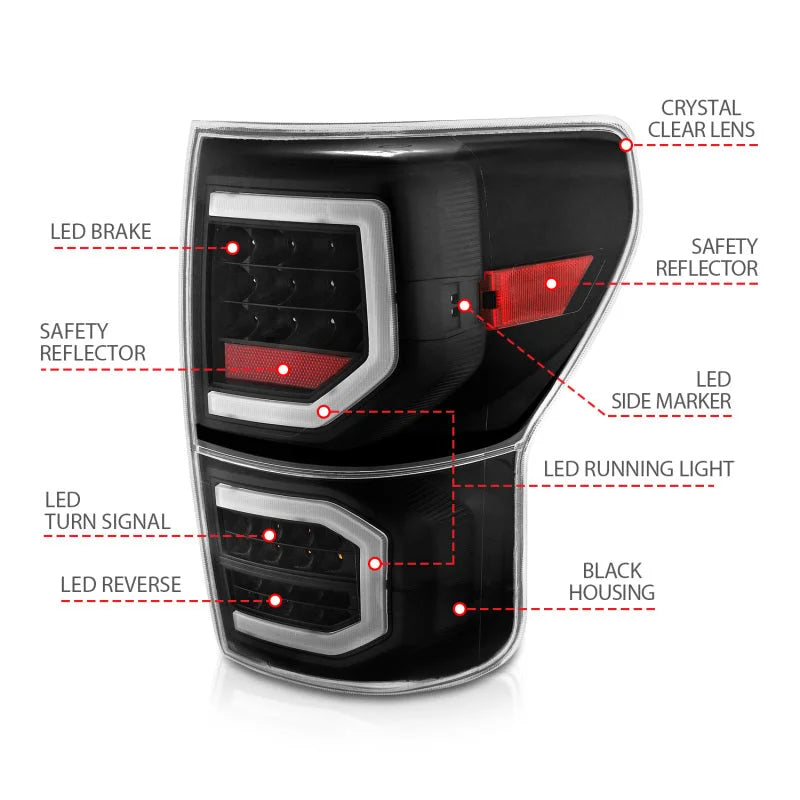 ANZO 2007-2013 Toyota Tundra LED Taillights Plank Style Black w/Clear Lens - Back View