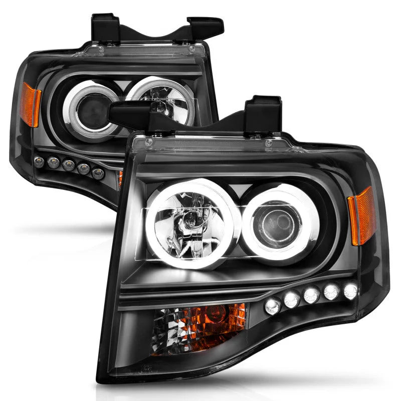ANZO 2007-2014 Ford Expedition Projector Headlights w/ Halo Black - Side View
