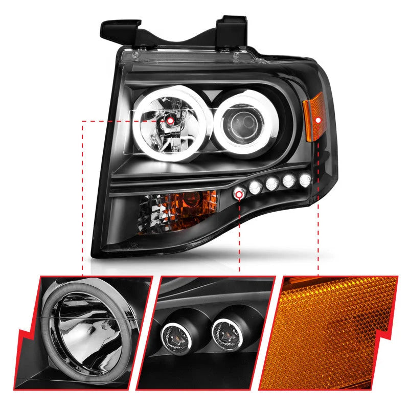 ANZO 2007-2014 Ford Expedition Projector Headlights w/ Halo Black - Additional View 5