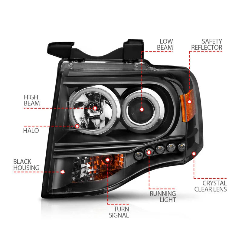 ANZO 2007-2014 Ford Expedition Projector Headlights w/ Halo Black - Additional View 7
