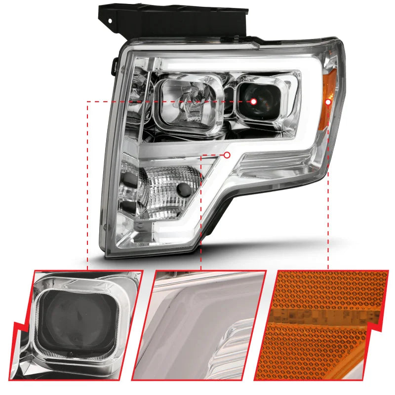 ANZO 2009-2014 Ford F-150 Projector Headlight Plank Style Chrome Amber - Side View