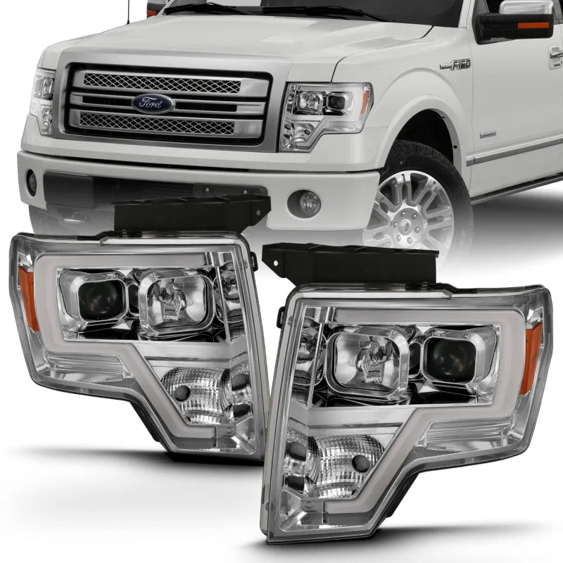 ANZO 2009-2014 Ford F-150 Projector Headlight Plank Style Chrome Amber - Back View
